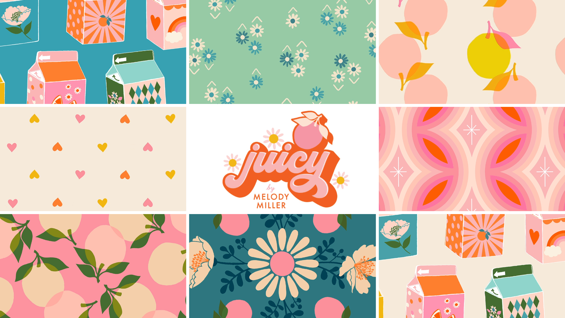 ruby star juicy fabric juice boxes, hearts, peaches and florals in pink, blue and yellow