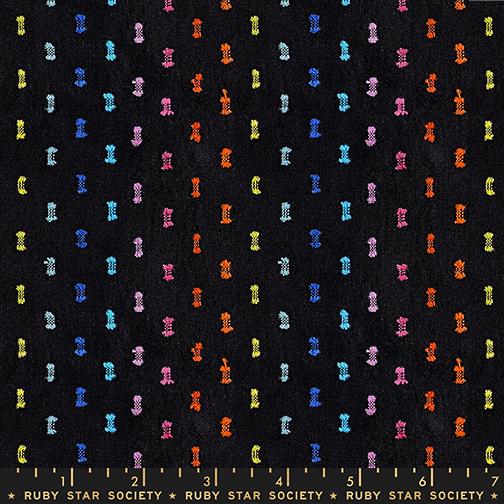 Fabric with colorful number pattern on a black background, labeled Ruby Star Society.
