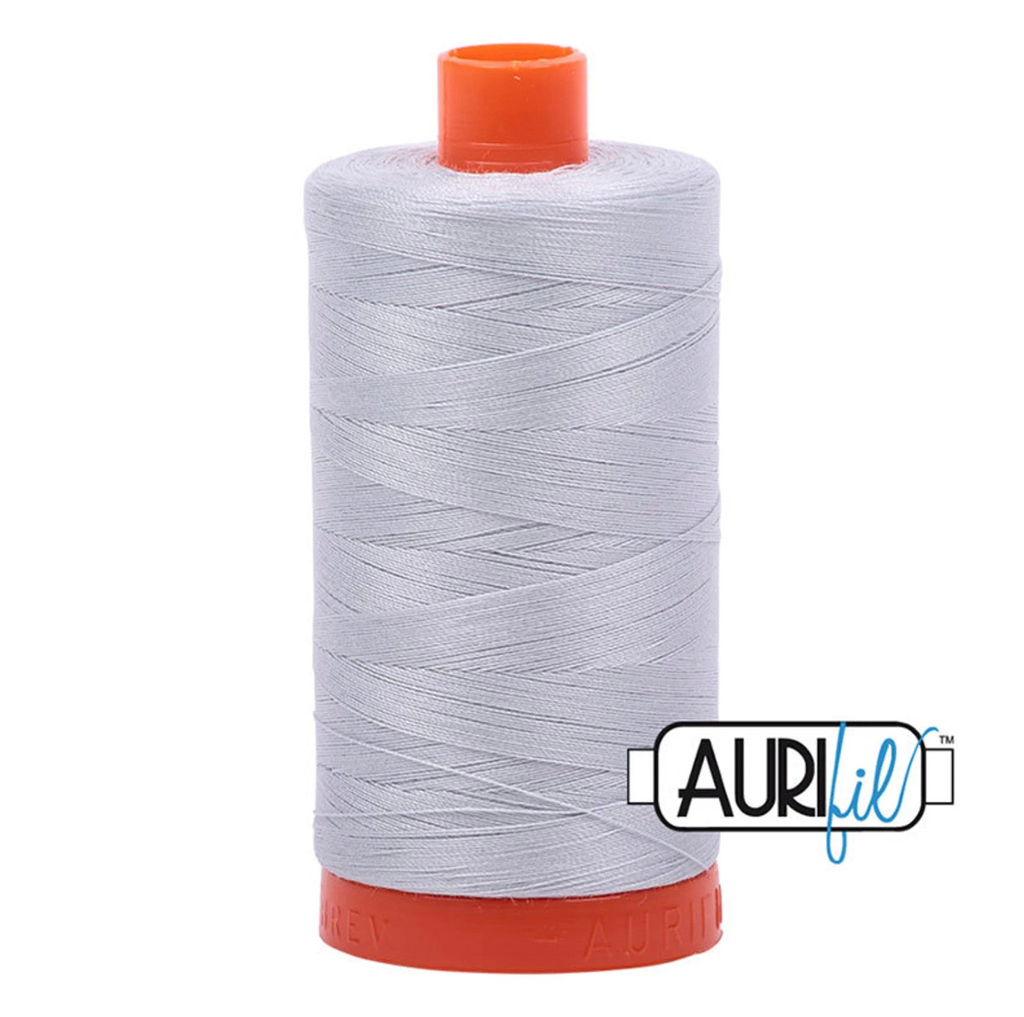 Large spool of aurifil thread in dove gray 2600