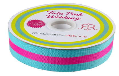 spool of tula pink 1.5" nylon webbing, in aqua + hot pink colorway