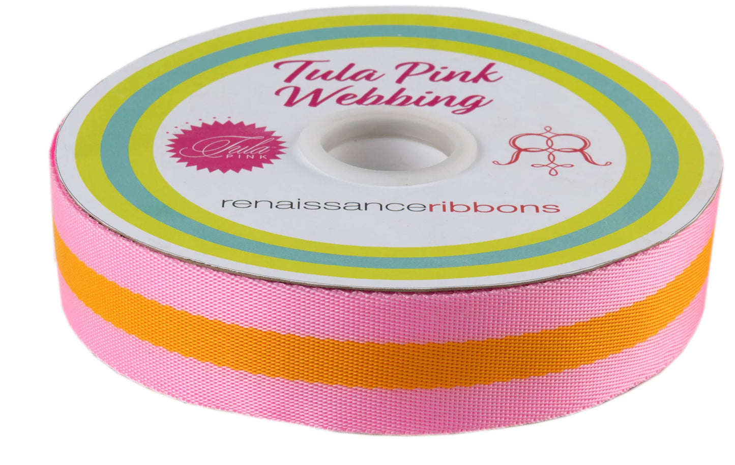 spool of tula pink 1.5" nylon webbing, in pink + orange colorway